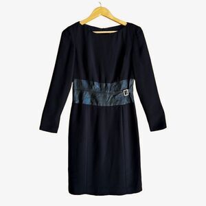 Vintage Shani Black Genuine Leather Buckle Belt Long Sleeve Dress